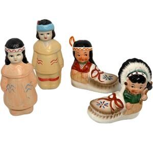 Lot of 2 Vintage Native American Kids Ceramic Salt Pepper Shakers Moccasins